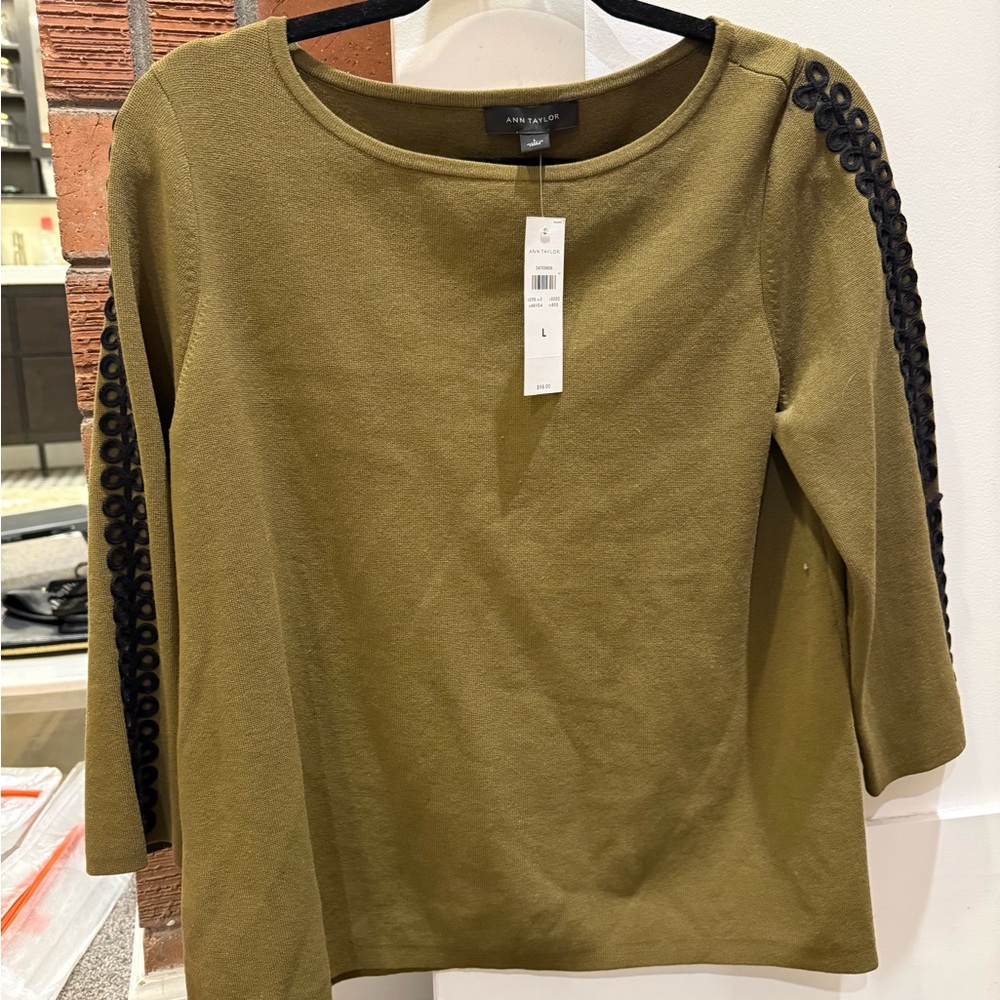 Ann Taylor Olive Blouse with Black Detailing